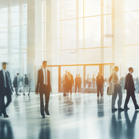 Menschen in Businesskleidung gehen und unterhalten sich in der lichtdurchfluteten Eingangshalle eines modernen Messe- oder Kongresszentrums.