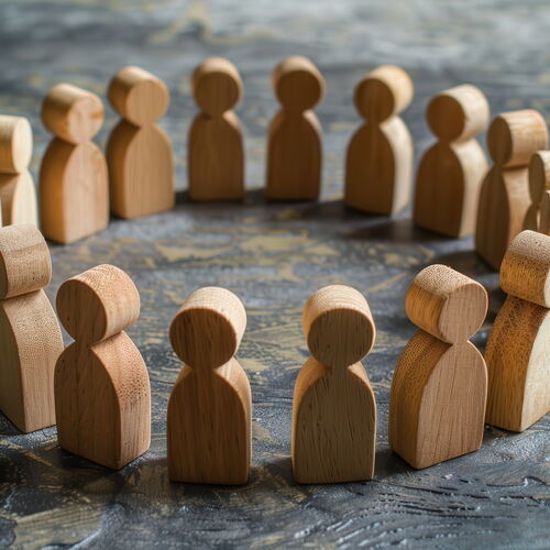 Holzfiguren, die in einem Kreis stehen und Gemeinschaft symbolisieren