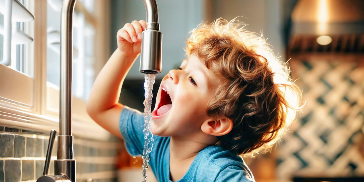 Ein Kind, das Wasser aus einem Wasserhahn in der Küche trinkt