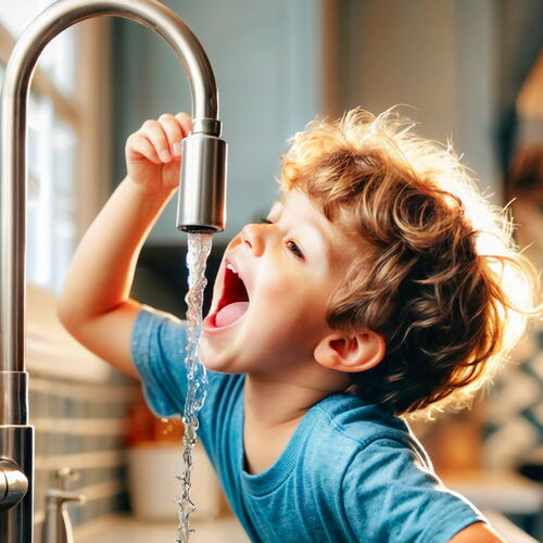 Ein Kind, das Wasser aus einem Wasserhahn in der Küche trinkt