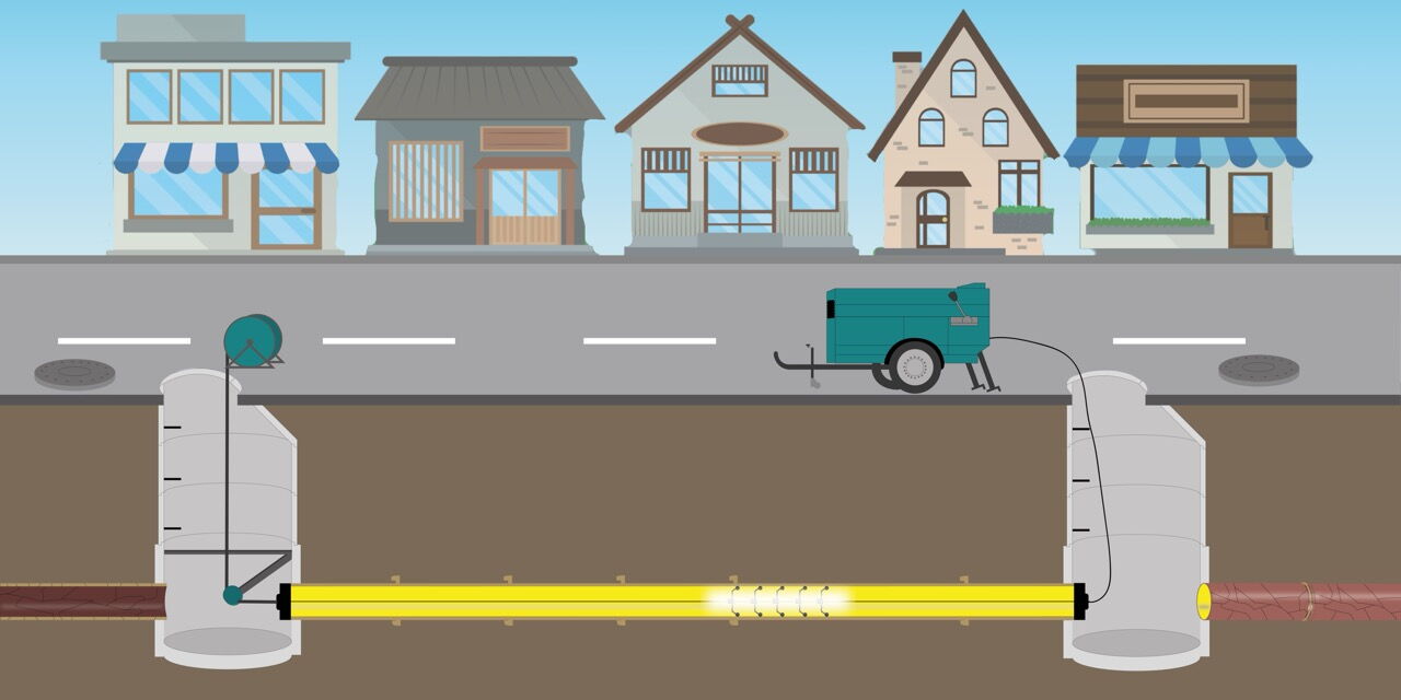 Schematische Darstellung des Schlauchlinings während der Aushärtung: Ein eingezogener gelber Schlauchliner wird im Altrohr mithilfe von UV-Licht ausgehärtet. Eine UV-Anlage zieht den Lichterzug durch das Rohr, während oberirdisch Maschinen für Energievers