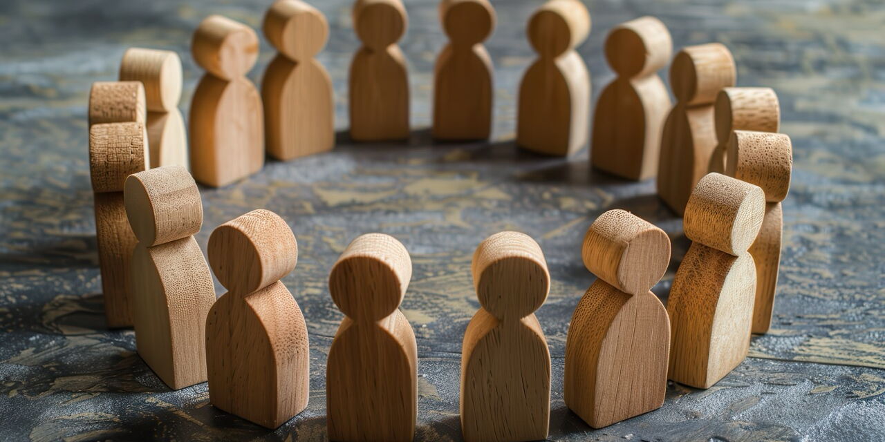 Holzfiguren, die in einem Kreis stehen und Gemeinschaft symbolisieren