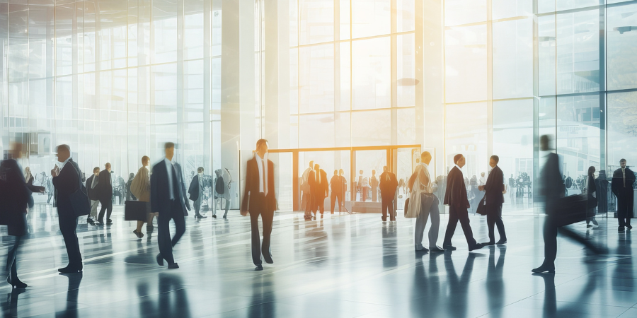 Menschen in Businesskleidung gehen und unterhalten sich in der lichtdurchfluteten Eingangshalle eines modernen Messe- oder Kongresszentrums.