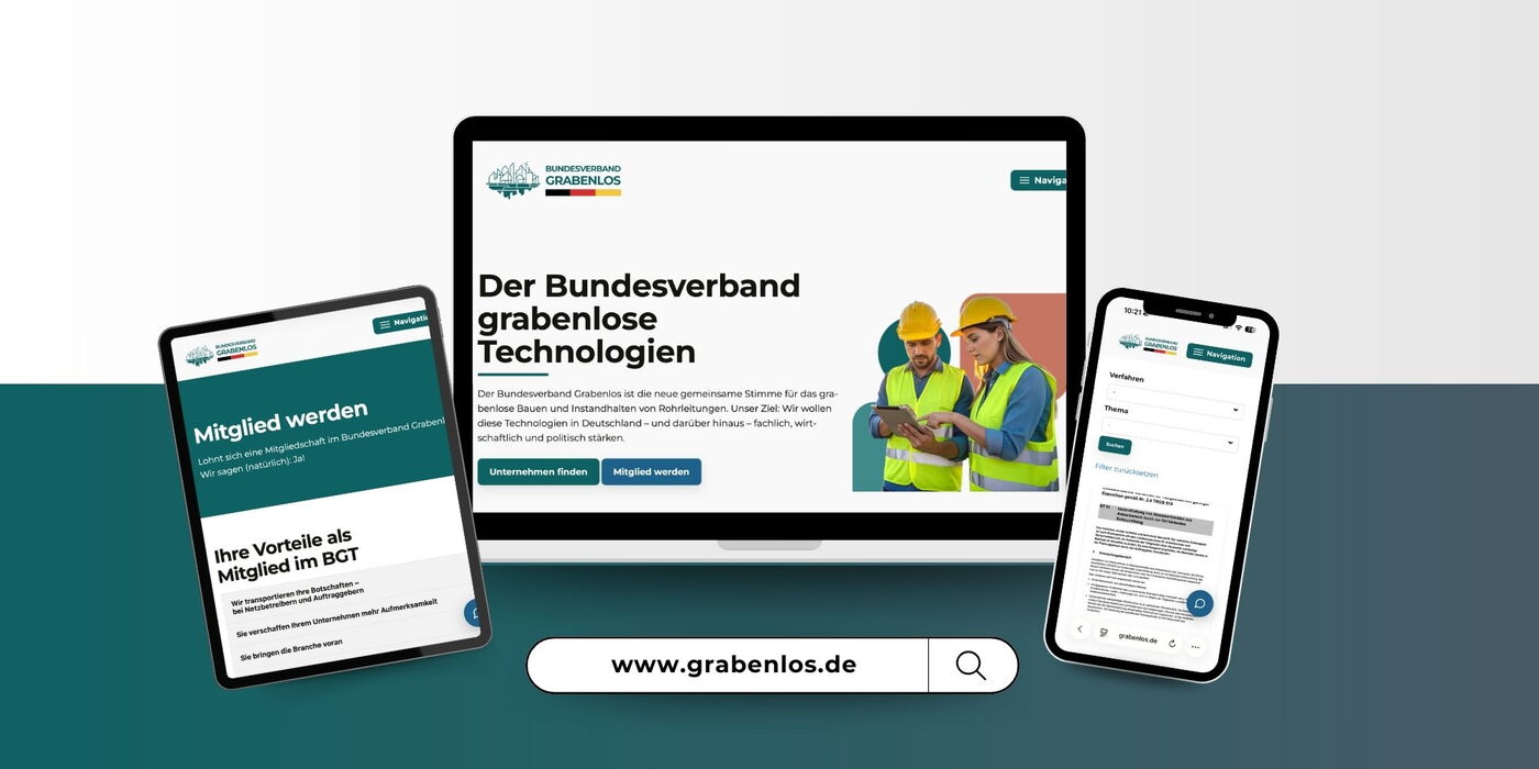 Website des Bundesverbands Grabenlose Technologien auf Tablet, Laptop und Smartphone mit Startseite, Mitgliederwerbung und Unternehmenssuche. Adresse: www.grabenlos.de